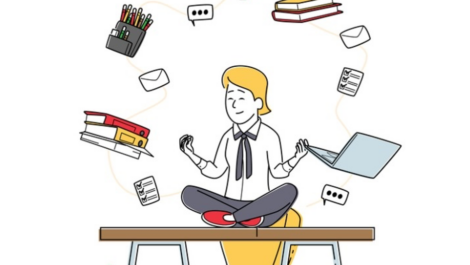 Cartoon person sitting cross-legged and surrounded by office supplies and lists.