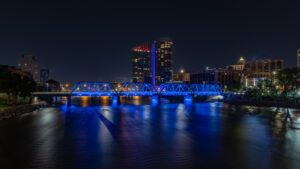 the Grand Rapids skyline from the river at night