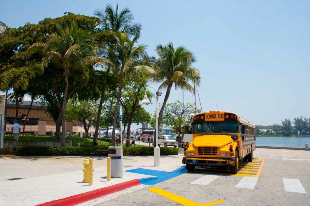 a school bus sits next to palm trees outside an elementary school