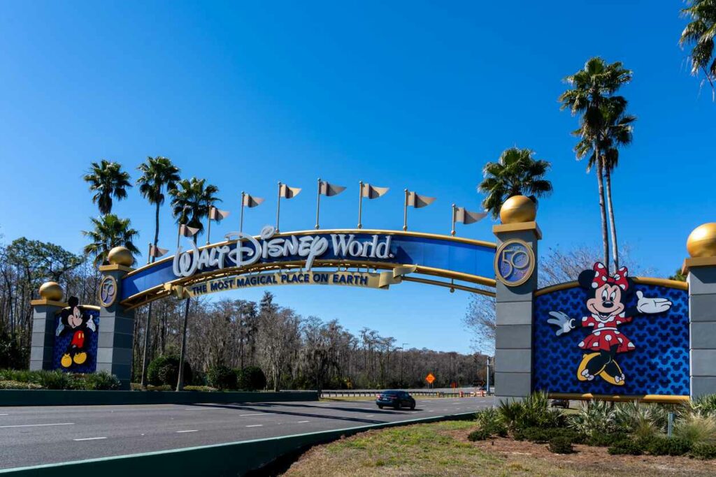 A Walt Disney World entrance arch gate in Orlando, Florida, USA.