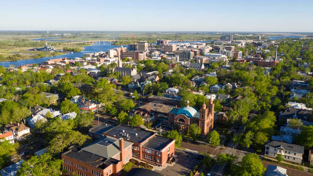 An aerial view of Wilmington, NC
